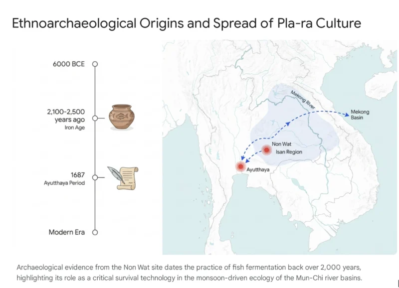 แผนผังและแผนที่แสดงจุดกำเนิดและเส้นทางการเผยแพร่วัฒนธรรมปลาร้า (Pla-ra Culture) จากแหล่งโบราณคดีบ้านโนนวัด ภาคอีสาน ไปยังอยุธยาและลุ่มแม่น้ำโขง พร้อมลำดับเวลาตั้งแต่ยุคเหล็กจนถึงปัจจุบัน