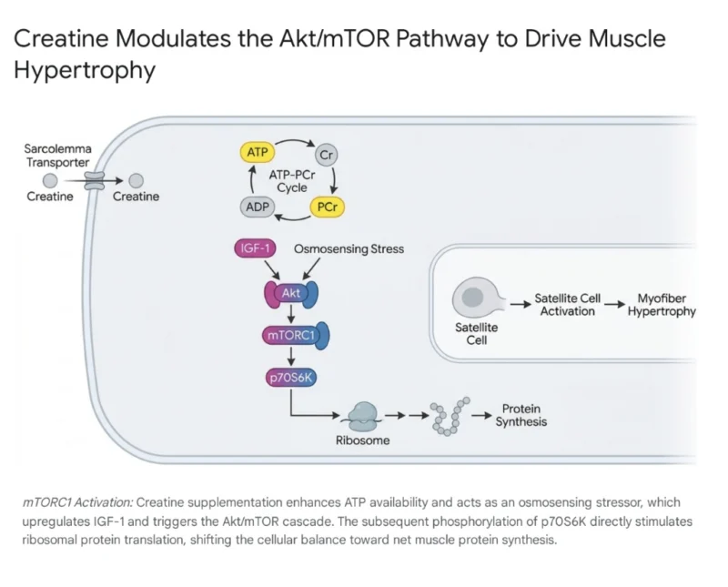 แผนภาพแสดงกลไกของคริเอทีน (Creatine) ที่กระตุ้น Akt/mTOR Pathway ผ่านวงจร ATP และ IGF-1 ซึ่งนำไปสู่การสังเคราะห์โปรตีนและการสร้างกล้ามเนื้อ (Muscle Hypertrophy)