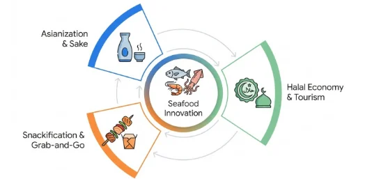 แผนภาพแสดงแนวโน้มนวัตกรรมอาหารทะเล (Seafood Innovation) ซึ่งล้อมรอบด้วย 3 ปัจจัยหลัก ได้แก่ กระแสความเป็นเอเชียและเครื่องดื่มสาเก (Asianization & Sake), เศรษฐกิจฮาลาลและการท่องเที่ยว (Halal Economy & Tourism) และเทรนด์อาหารทานเล่นที่เน้นความสะดวกสบาย (Snackification & Grab-and-Go)