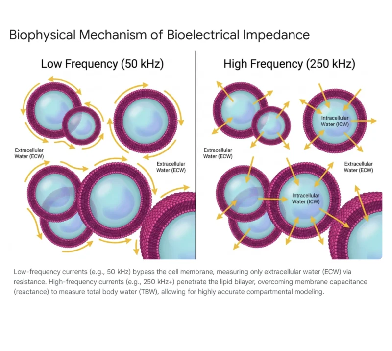 แผนภาพเปรียบเทียบกลไกความต้านทานไฟฟ้าชีวภาพ (Bioelectrical Impedance) แสดงให้เห็นว่ากระแสไฟฟ้าความถี่ต่ำ (50 kHz) ไหลผ่านได้เฉพาะน้ำนอกเซลล์ (ECW) ในขณะที่กระแสไฟฟ้าความถี่สูง (250 kHz) สามารถทะลุผ่านเยื่อหุ้มเซลล์เพื่อประเมินทั้งน้ำนอกเซลล์และน้ำในเซลล์ (ICW) ได้อย่างแม่นยำ