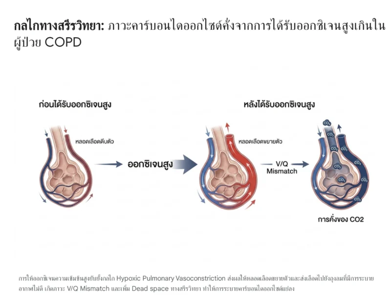 แผนภาพอธิบายกลไกทางสรีรวิทยาของภาวะคาร์บอนไดออกไซด์คั่งในผู้ป่วยโรคปอดอุดกั้นเรื้อรัง (COPD) เมื่อได้รับออกซิเจนสูงเกินไป ซึ่งไปยับยั้งกลไกหลอดเลือดตีบตัว ส่งผลให้เกิดภาวะ V/Q Mismatch และนำไปสู่การคั่งของคาร์บอนไดออกไซด์ในถุงลมปอด