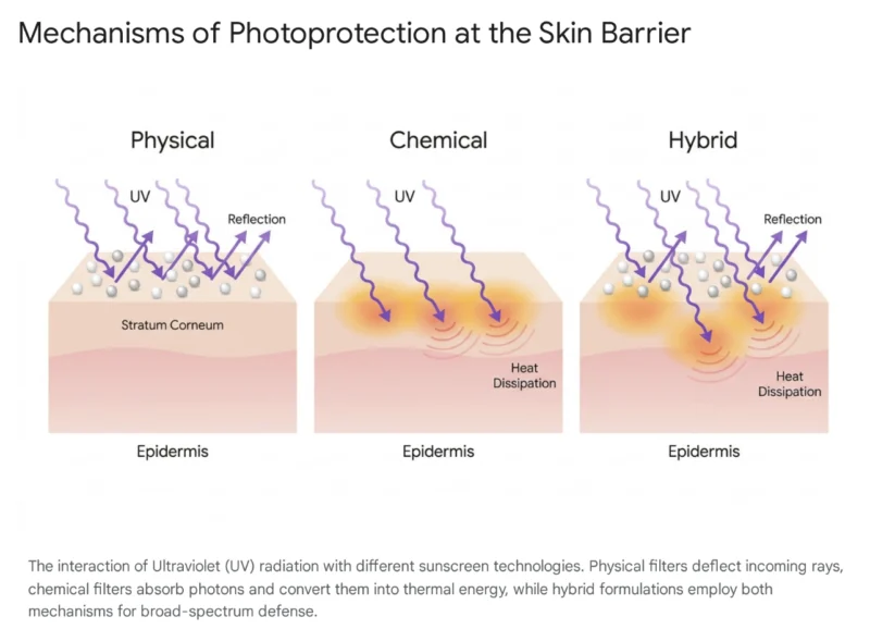 แผนภาพแสดงกลไกการปกป้องผิวจากรังสี UV ของครีมกันแดด 3 ชนิด ได้แก่ กันแดดแบบ Physical ที่ทำหน้าที่สะท้อนรังสี (Reflection) ออกจากผิวชั้นนอก, กันแดดแบบ Chemical ที่ดูดซับรังสีเข้าสู่ชั้นผิวแล้วเปลี่ยนเป็นพลังงานความร้อนเพื่อระบายออก (Heat Dissipation) และกันแดดแบบ Hybrid ที่ผสานกลไกการสะท้อนและดูดซับรังสีเข้าด้วยกัน