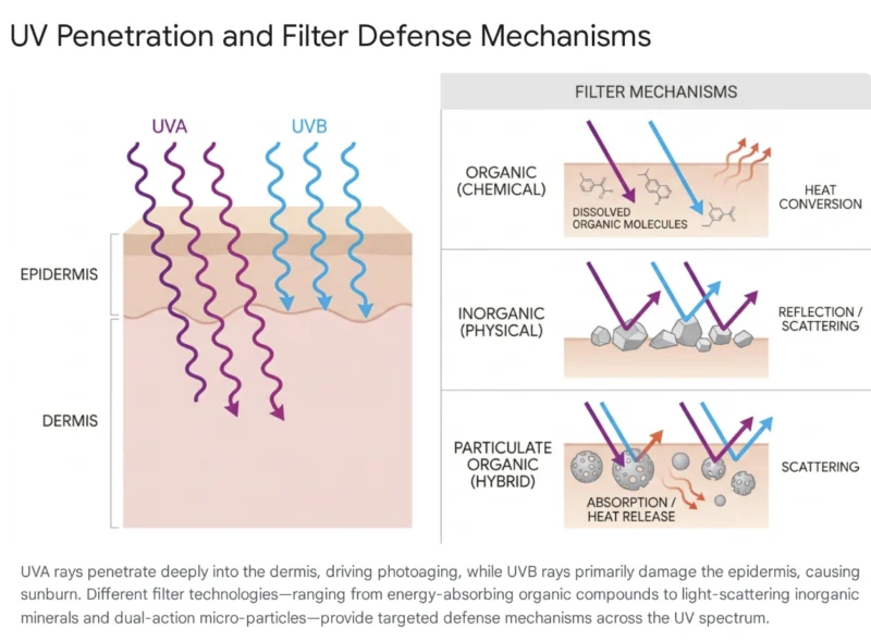 แผนภาพแสดงระดับการทะลุทะลวงของรังสี UV โดย UVA สามารถซึมลึกถึงชั้นหนังแท้ (Dermis) และ UVB ทำลายชั้นหนังกำพร้า (Epidermis) พร้อมแสดงกลไกของฟิลเตอร์กันแดด 3 ชนิด: แบบออร์แกนิกหรือเคมี (เปลี่ยนรังสีเป็นความร้อน), แบบอนินทรีย์หรือฟิสิคัล (สะท้อนและกระจายรังสี) และแบบอนุภาคออร์แกนิกหรือไฮบริด (ผสานการดูดซับและกระจายรังสี)