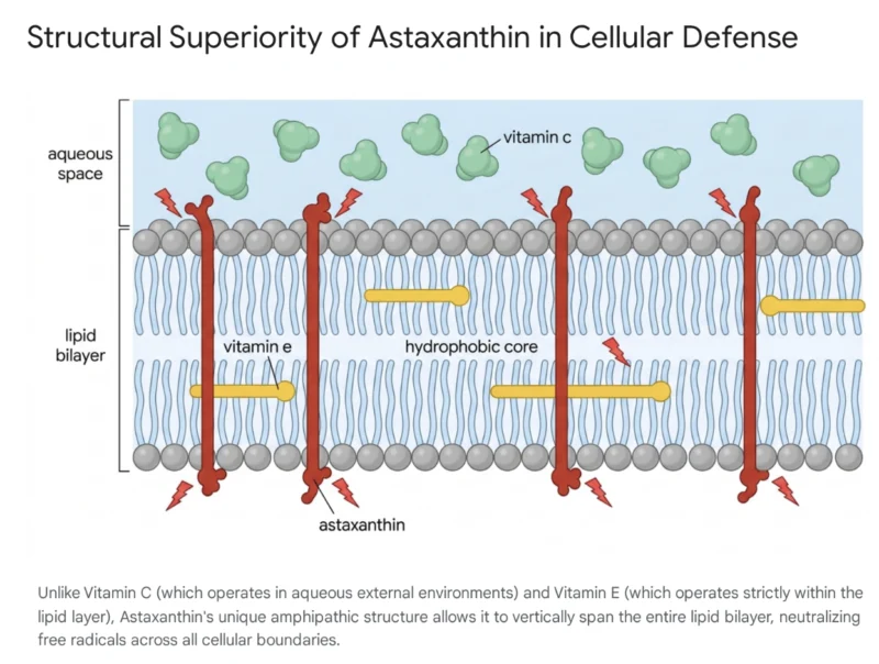 แผนภาพเปรียบเทียบโครงสร้างการปกป้องเยื่อหุ้มเซลล์ (Lipid Bilayer) แสดงให้เห็นว่าโมเลกุลของแอสตาแซนธิน (Astaxanthin) สามารถพาดผ่านชั้นไขมันได้ทั้งแนวตั้งเพื่อดักจับอนุมูลอิสระได้อย่างครอบคลุม ซึ่งแตกต่างจากวิตามินซี (Vitamin C) ที่ออกฤทธิ์อยู่ได้แค่บริเวณชั้นน้ำด้านนอก (Aqueous Space) และวิตามินอี (Vitamin E) ที่ซ่อนอยู่เฉพาะในแกนกลางไขมัน (Hydrophobic Core)