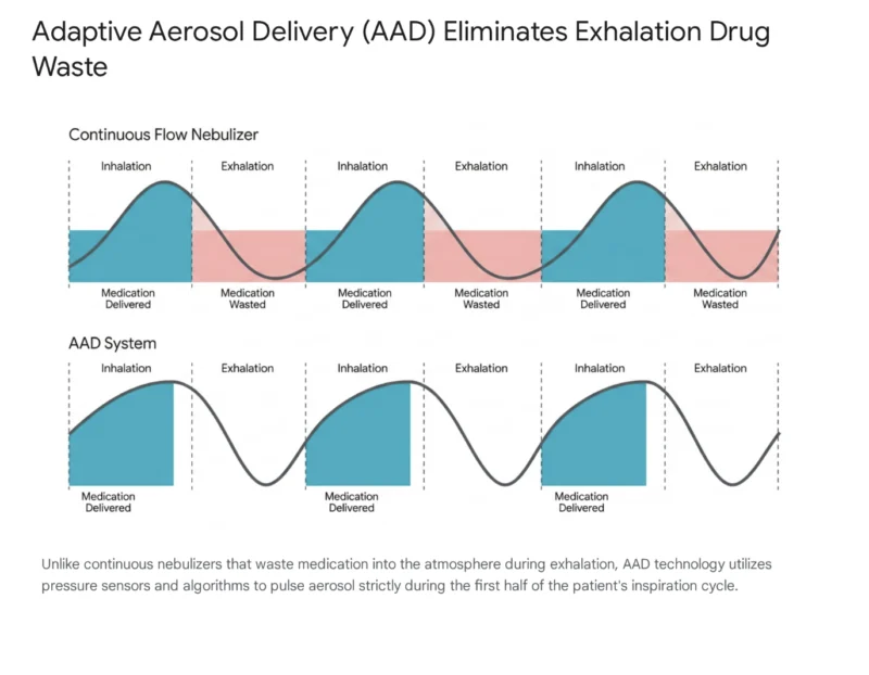 กราฟเปรียบเทียบการทำงานของเครื่องพ่นละอองยา แสดงให้เห็นว่าเทคโนโลยี AAD (Adaptive Aerosol Delivery) ช่วยปล่อยละอองยาเฉพาะช่วงหายใจเข้าเท่านั้น จึงช่วยขจัดปัญหาการสูญเสียยาที่ถูกทิ้งไปในอากาศช่วงหายใจออกเมื่อเทียบกับระบบพ่นแบบต่อเนื่อง
